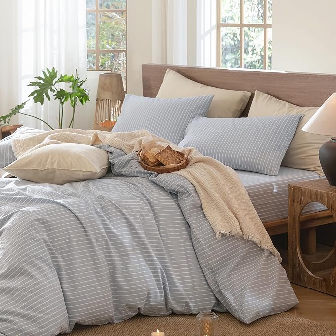 MooMee Striped Duvet Cover Set 100% Washed Cotton Linen Like Textured Breathable Durable Soft Comfy (Cornflower Blue White Wide Stripes, Super Queen 90"x98")