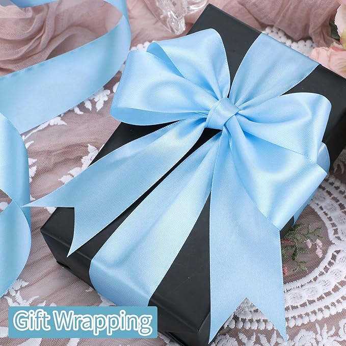 Blue Ribbon 1 1/2 Inch 60 Yards Light Baby Blue Satin Ribbon for Baby Bridal Shower Nursery Party Decor Beach Wedding Bows Crafts Flower Bouquet Gift Wrapping Wreath Christmas