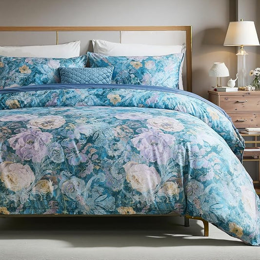 100% Cotton Duvet Cover King Size – Navy Blue Watercolor Floral Duvet Cover Set with Zipper Closure & Corner Ties, 3-Piece Silky Soft & Breathable Bedding Set for All Seasons