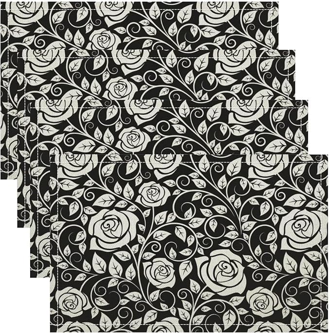 Retro Flowers Placemats Set of 6, 17x12 Inch Modern Aesthetic Black White Florals Leaves Art Print Table Mats for Home Party Kitchen Dining Decor