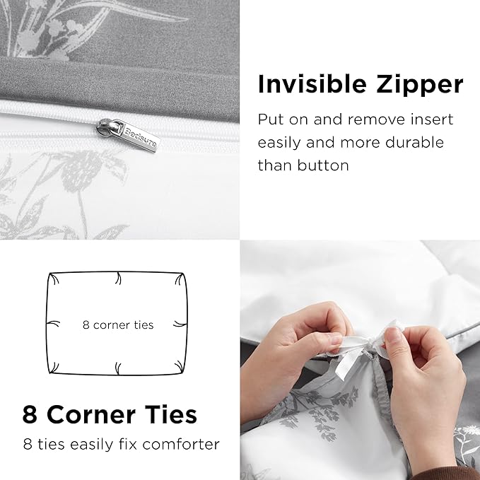 Bedsure Duvet Cover Queen Size - Reversible Floral Duvet Cover Set with Zipper Closure, 3 Pieces Grey Bedding Set with 8 Corner Ties and 2 Pillowcases 20"x26"