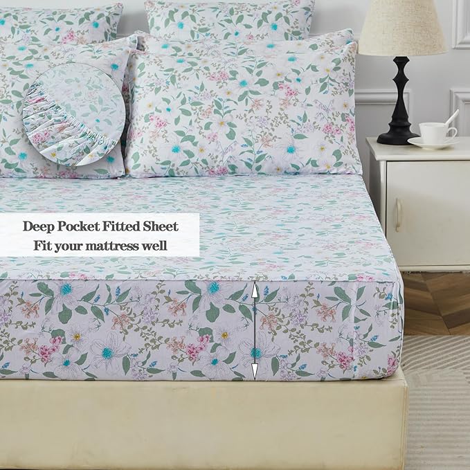 FADFAY Full Size Sheets Set 100% Cotton Vintage Floral Shabby Flowers & Leaves Pattern Farmhouse Bedding Set Deep Pocket Sheets with 2 Pillowcases Breathable Soft 4Pcs, Full