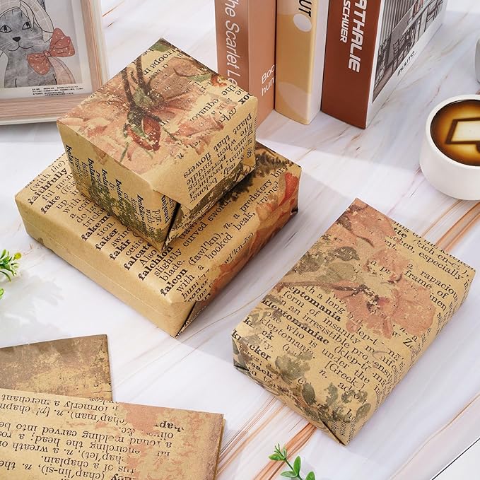 12 Sheet Vintage Floral Wrapping Paper Retro Newspaper Kraft Gift Wrap Bulk Folded Flat Rose Flower Craft Art Paper for Party DIY Wrapping Supplies, 19.7 x 27.6 Inch