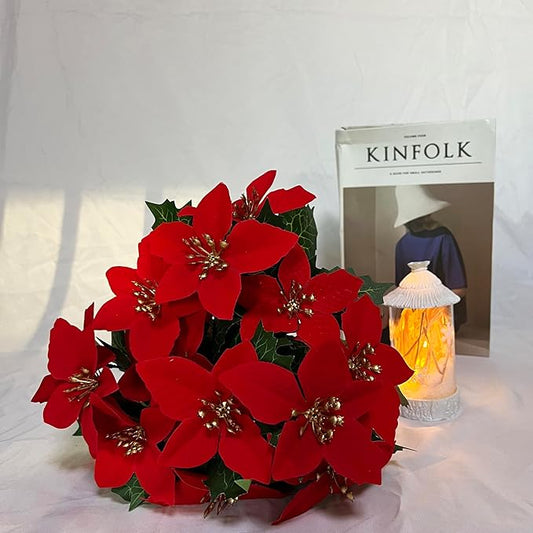 6 Pack Red Christmas Artificial Poinsettia Flowers Faux Poinsettia Bush Bouquets Silk Poinsettia Christmas Tree Ornaments Poinsettia Flower Arrangement for Home Decor