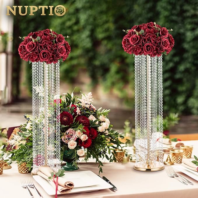 Nuptio Flower Wedding Centrepieces for Tables: 2 Pcs Burgundy Artificial Flowers Roses Balls 14.2 inch Diam for Centerpiece Fake Silk Rose Arrangements for Weddings Reception Birthday Party Decoration
