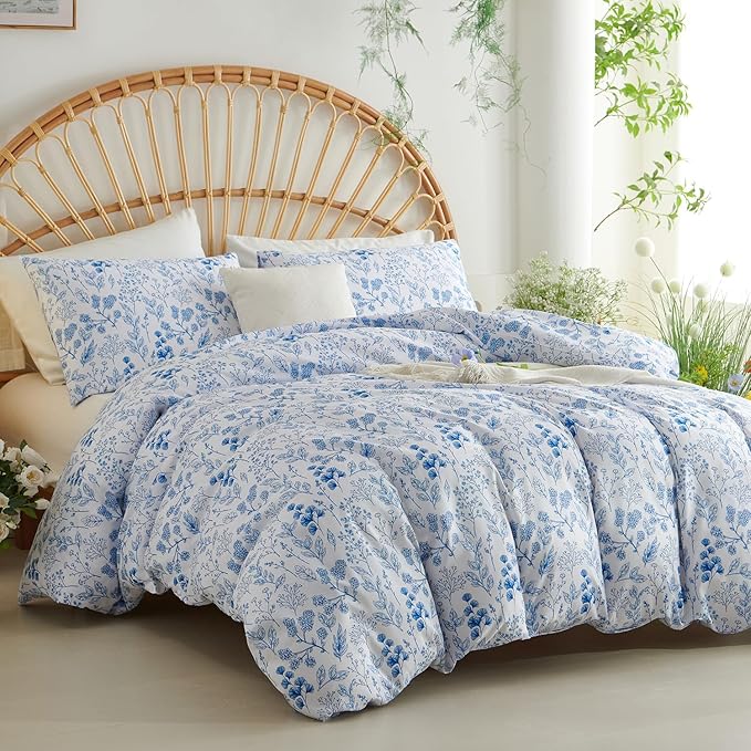 Nayoroom Blue Floral Duvet Cover Queen Size Cottagecore Botanical Flower Spring Comforter Cover 3 Pcs Soft Breathable Microfiber Pastoral Aesthetic Bedding Set Gift for Women