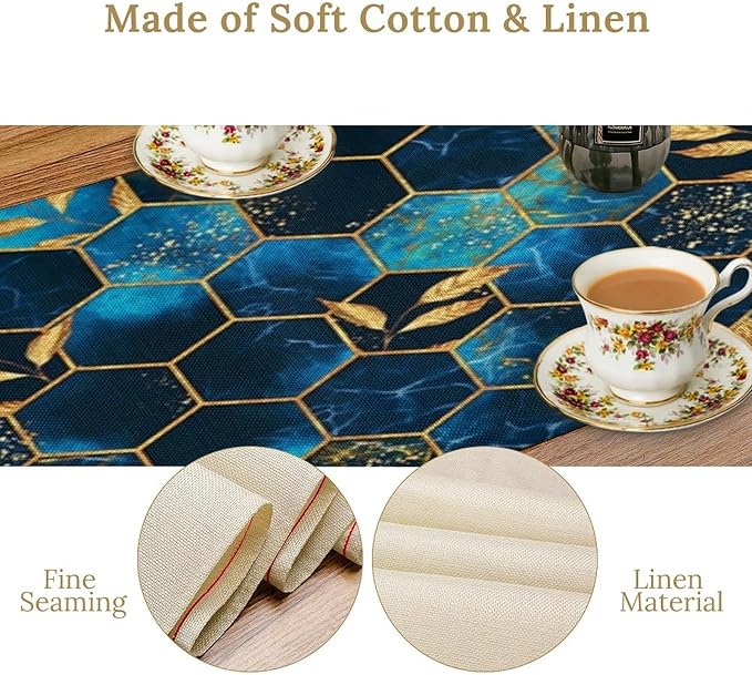 Sky Blue Honeycomb Table Runner Abstract Sea Blue Marble Hexagon Texture Golden Leaves Seasonal Dinner Runner Table Decoration for Farmhouse Home Kitchen Dining Holiday Party 13x90in