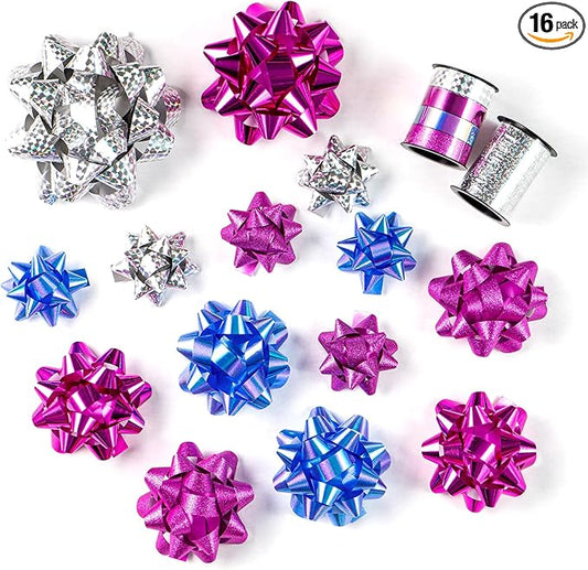 WRAPAHOLIC 16 Pcs Gift Bows Assortment - 14 Multi Colored Assorted Size Gift Bows(Purple, Silver, Blue), 2 Crimped Curling Ribbons, Perfect for Holiday, Party
