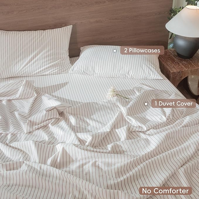 MooMee Striped Duvet Cover Set 100% Washed Cotton Linen Like Textured Breathable Durable Soft Comfy (White Orange Wide Stripes, Palatial King/Oversized King 120"x98")