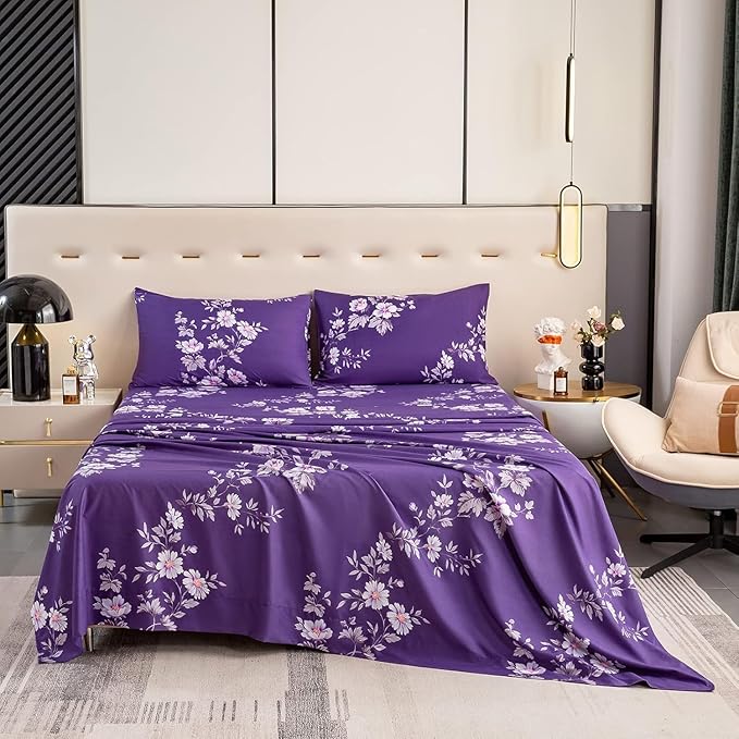 Bedlifes Queen Size Extra Deep Pocket Sheet Sets - Fits Mattresses Up to 18-24" Thick, 4-Piece Microfiber Set with 1800 Thread Count, Soft, Smooth, Breathable, Featuring Dark Purple Floral