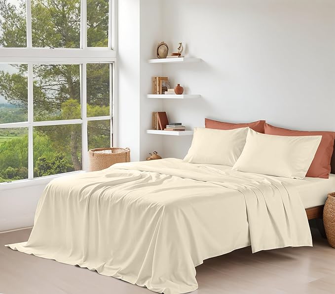 RUVANTI 100% Organic Cotton Sheets California King, Percale Weave, GOTS Certified, 4-Piece Set, Deep Pocket 13", Crisp & Breathable, Soft Durable Bedding, Sábanas Algodón Orgánico – Cloud Cream