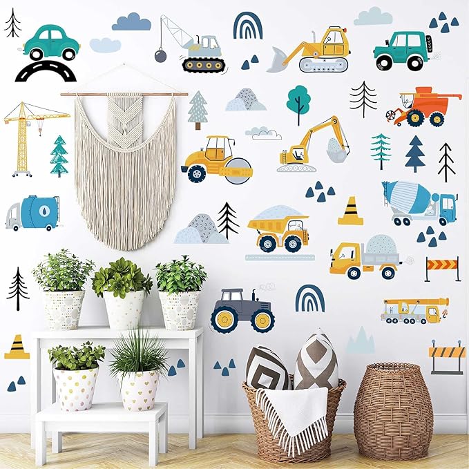 Construction Vehicles Wall Decals - 90Pcs (6 Sheets) Peel & Stick Removable Wall Stickers for Boys Room, Nursery, Playroom - Trucks, Excavator, Crane Theme Boho Kids Bedroom Decor, Easy DIY