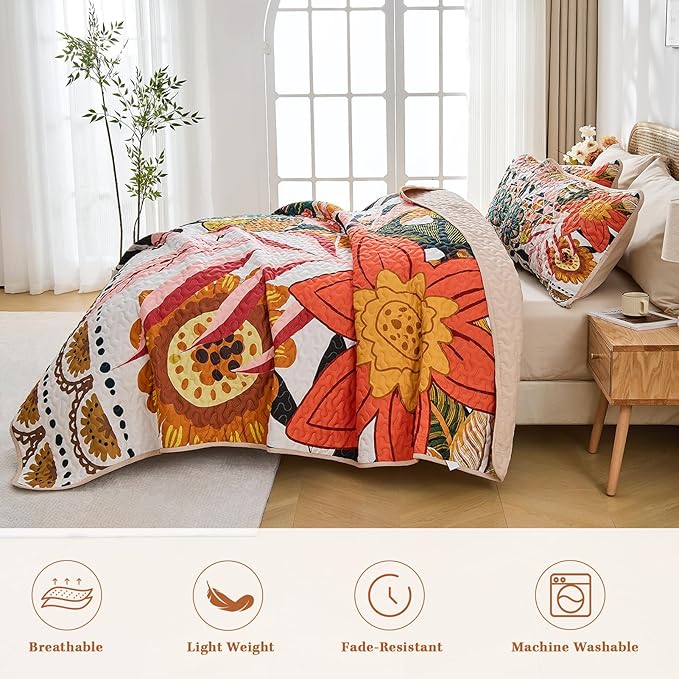 Quilt Set Twin Size, Boho Floral 2 Pcs Soft Bed Cover Bedding Set, Mid Century Flowers Lightweight Bedspread Coverlet with Pillow Sham for All Season
