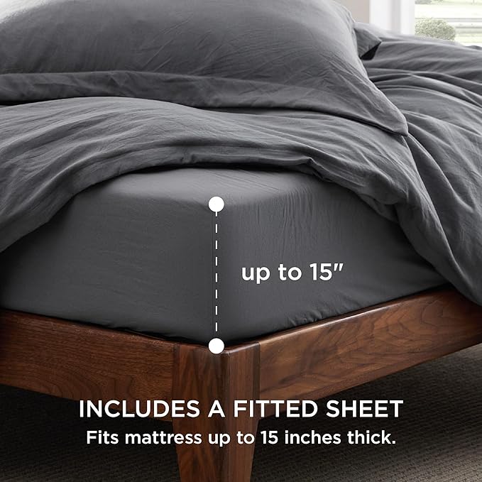 Bedsure Duvet Cover Full Size with Fitted Sheet - 4 Pieces Prewashed Cotton-Like Extra Soft Bedding Set, Includes 1 Duvet Cover 80x90 Inches, 2 Pillow Shams, 1 Fitted Sheet, Dark Grey