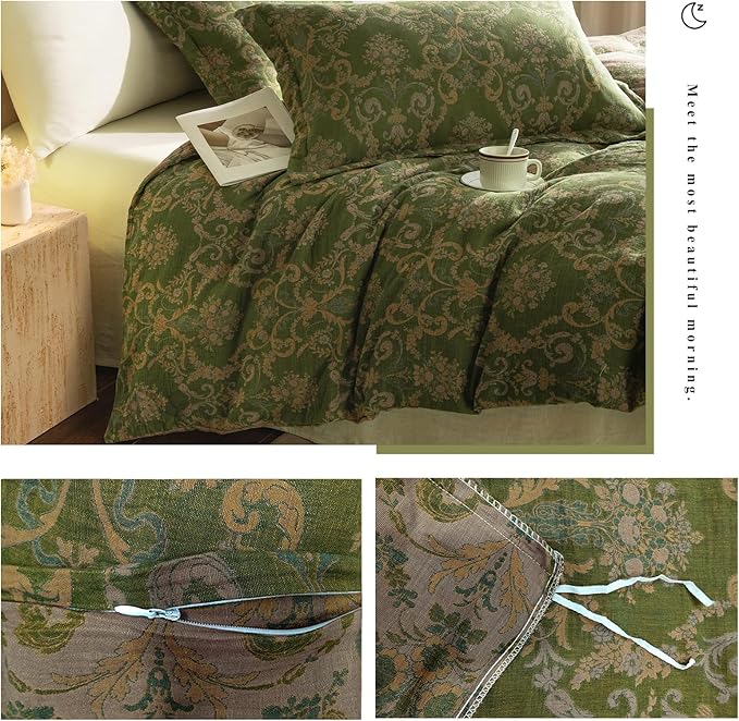 VM VOUGEMARKET Green Floral Duvet Cover Queen,3 Pieces Retro Boho Medallion Jacquard Flower Bedding Set,Linen Cotton Yarn-Dyed Textured Reversible Duvet Cover with Zipper Closure