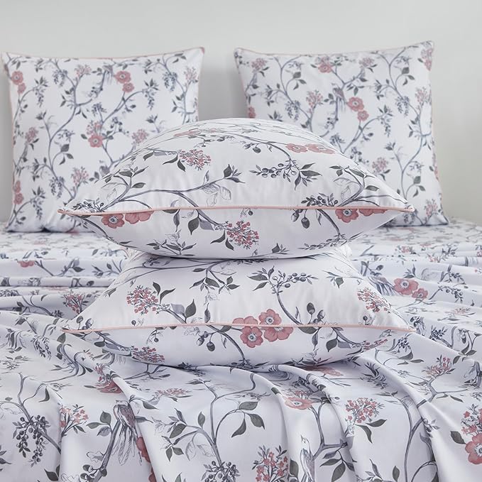 FADFAY Sheets Set Cal King Rustic Bird Floral Bed Sheets Set Vintage Botanical Bedding Shabby Branches Leaves Bedding Collections 100% Egyptian Cotton 17.7" Deep Pocket 4Pcs, California King Size