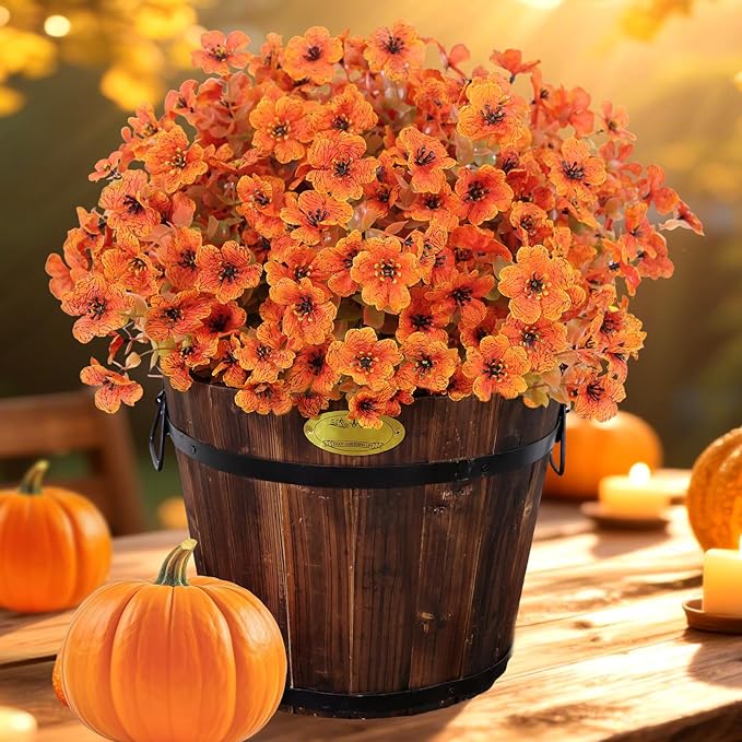 Fall Artificial Flowers for Outdoors Fake Mums for Outside 20 Bundles Faux Silk Orange Dasiy Flower Look Real UV Resistant No Fade Faux Fall Flowers for Front Door Porch Autumn Decoration