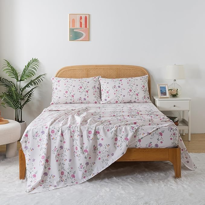 Zusbest- Full Sheets, Soft 100% Cotton Pink & Off White Floral Bed Sheets, Shabby Vintage Chic Purple Flower Printed Bed Set, Breathable Home Decor, Garden Style 4 Piece Deep Pocket（Rosy）