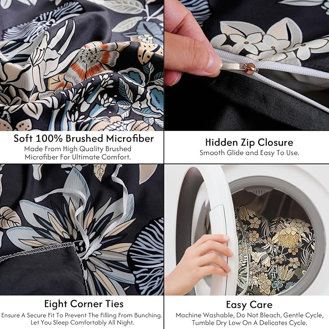 LONAVA King Flower 3 Pcs Duvet Cover Set, Breathable Soft Microfiber Black Lining Comforter Cover with Zipper Closure, and 2 Anti-Pilling, Fade Resistant Pillowcases, Midnight Blossoms