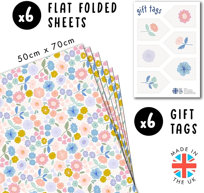 CENTRAL 23 Floral Wrapping Paper - Pastel Colorful Flowers - 6 Sheets Of Gift Wrap For Women - White Wrapping Paper For Birthday Baptism Baby Shower - Recyclable