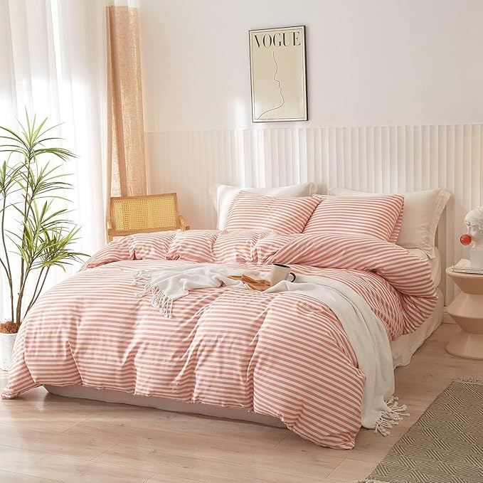 Full Comforter Set Pink White Stripes Pattern Comforter Full Modern Style Striped Comforter with 2 Pillowcases Lightweight 3 Pieces Boho Bedding Comforter Farmhouse Striped Fluffy Comforter Set