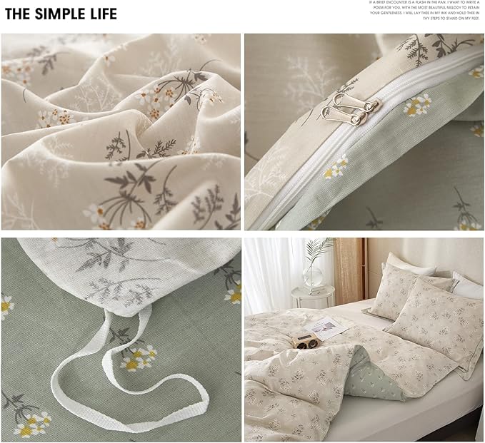 HighBuy Boho Floral Duvet Cover Queen Cotton Aesthetic Bedding Set Coquette Comforter Cover Set Reversible Green Garden Lightweight Soft Zipper Closure Breathable Queen Bedding Duvet Cover Set