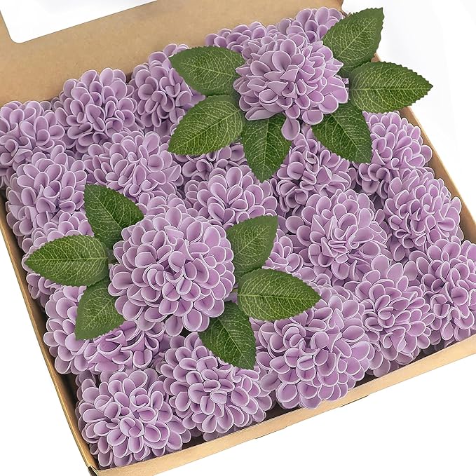 Artificial Flowers, 25pcs Realistic Artificial Rose for DIY Wedding Bouquets Centerpieces Arrangements, Purple Dahlia Flowers with Stem for Bridal Shower Party Home Decorations