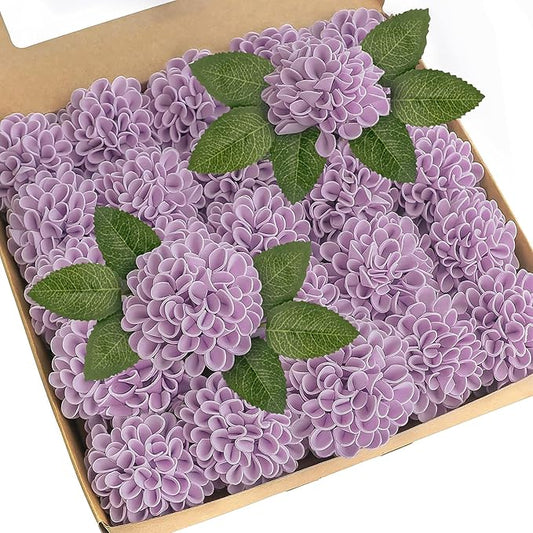 Artificial Flowers, 25pcs Realistic Artificial Rose for DIY Wedding Bouquets Centerpieces Arrangements, Purple Dahlia Flowers with Stem for Bridal Shower Party Home Decorations