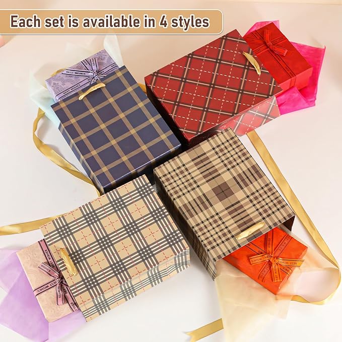 Bloomwords 9” Small Gift Bag, Plaid Gift Bag with Tissue Paper for Baby Showers, Birthdays, Weddings, Holiday Gifts, 7" W x 9" H x 4" D, 4 Pack