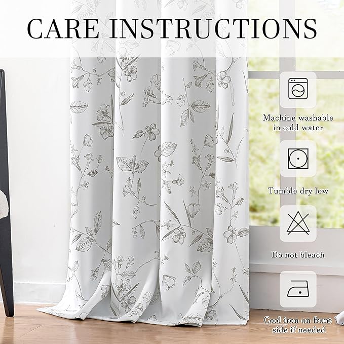 ChrisDowa 100% Blackout Floral Curtains 63 Inches Long 2 Panels for Bedroom Living Room Grey Flower Patterned Room Darkening Thermal Insulated Soundproof Grommet Window Treatments Drapes,52X63