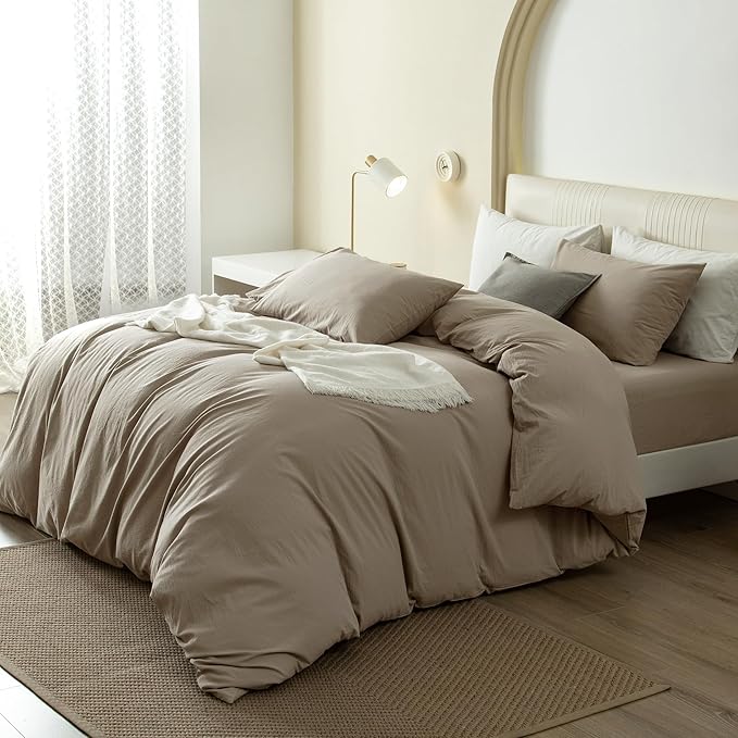 JIYUAN 100% Washed Cotton Duvet Cover Set 3 Pieces Oversized Queen, 1 Duvet Cover 98x98 Inches(Comforter Not Included) and 2 Pillowcases,Linen Feel Bedding Set Comfy and Breathable,Khaki