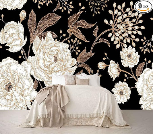 Wall Mural Peonies and Roses Floral Vintage Wallpaper Seamless Gold White Flowers Wall Coverings for Living Room Bedroom Kids Room（Not Peel and Stick）