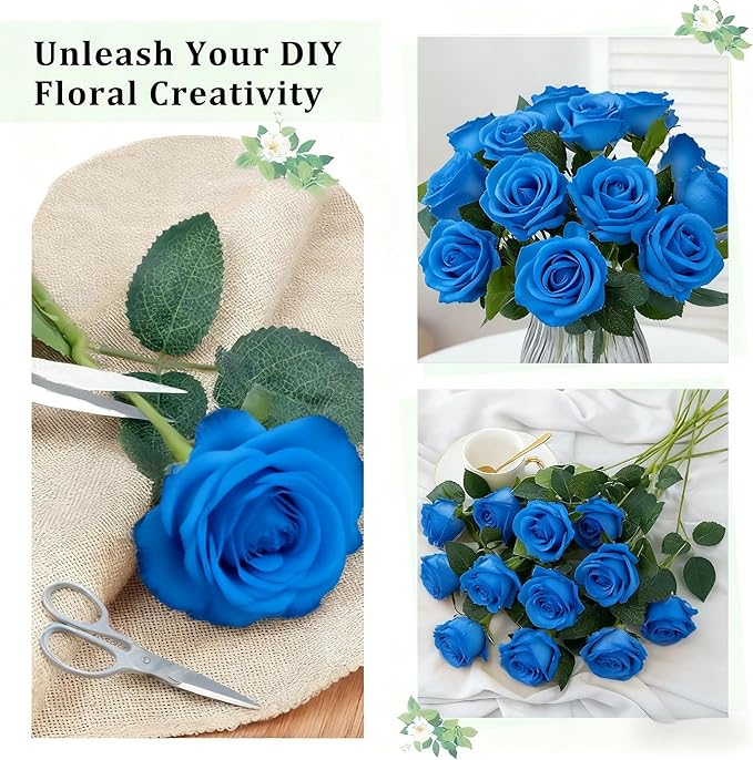 Blue Roses Artificial Flowers 15 PCS, Fake Roses Silk Flowers with Long Stems, Faux Rose for Wedding Centerpieces, Home Decor, Indoor Floral Arrangements, Party Decor, DIY Bouquet (Blue)