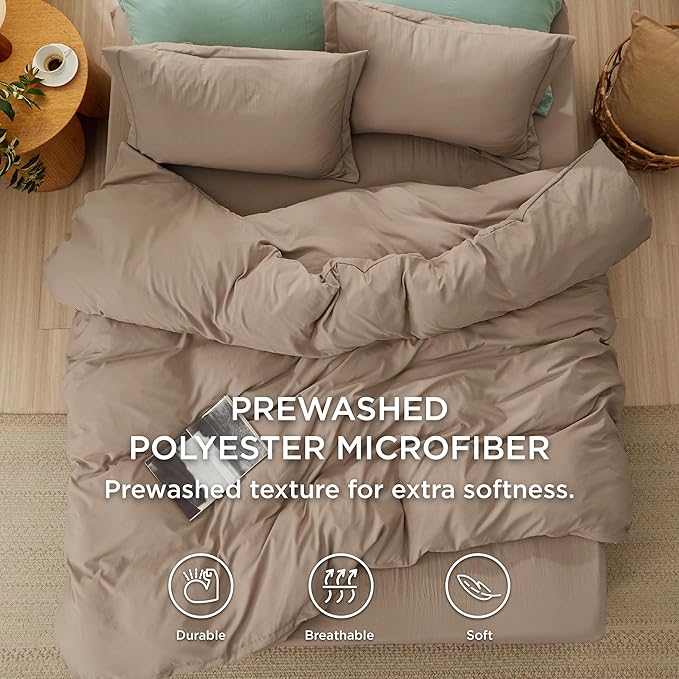 Bedsure California King Size Duvet Cover with Fitted Sheet - 4 Pieces Prewashed Cotton-Like Extra Soft Bedding Set, Includes 1 Duvet Cover 104x98 Inches, 2 Pillow Shams, 1 Fitted Sheet, Deep Beige