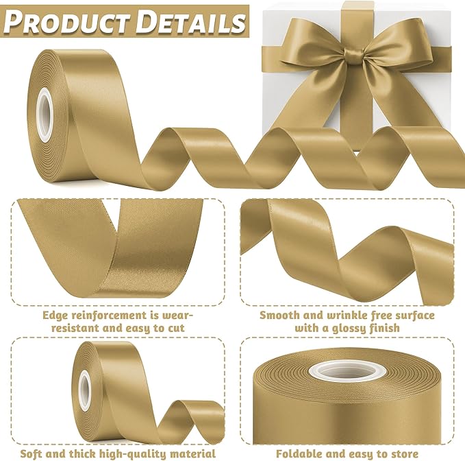 Fullive 1 1/2 Inch Champagne Gold Ribbon, 30 Yards Satin Ribbon, Polyester Satin Christmas Ribbon for Wedding Xmas Tree Graduate New Years Decorations DIY Bows Bouquet Gift Wrapping Christmas Favors
