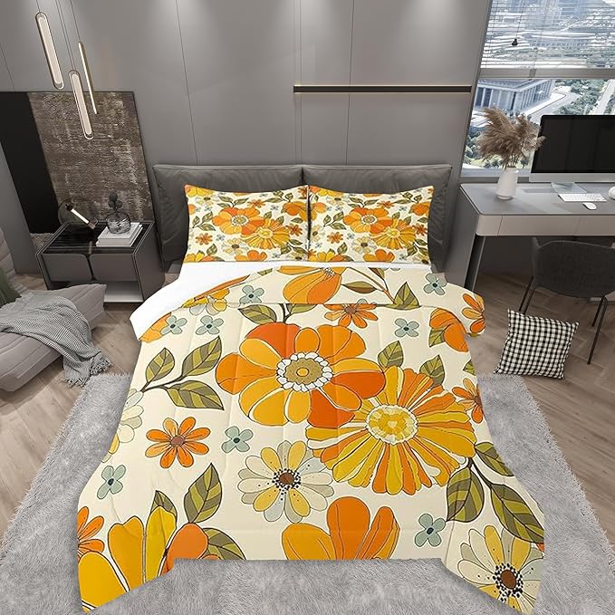Castle Fairy Kids Retro Flowers Comforter Set Full Size,Watercolor Yellow Floral Green Leaves Plant Bedding Comforters Room Decor,70s Trippy Daisy Quilt Set with 2 Pillowcases,Teens Present