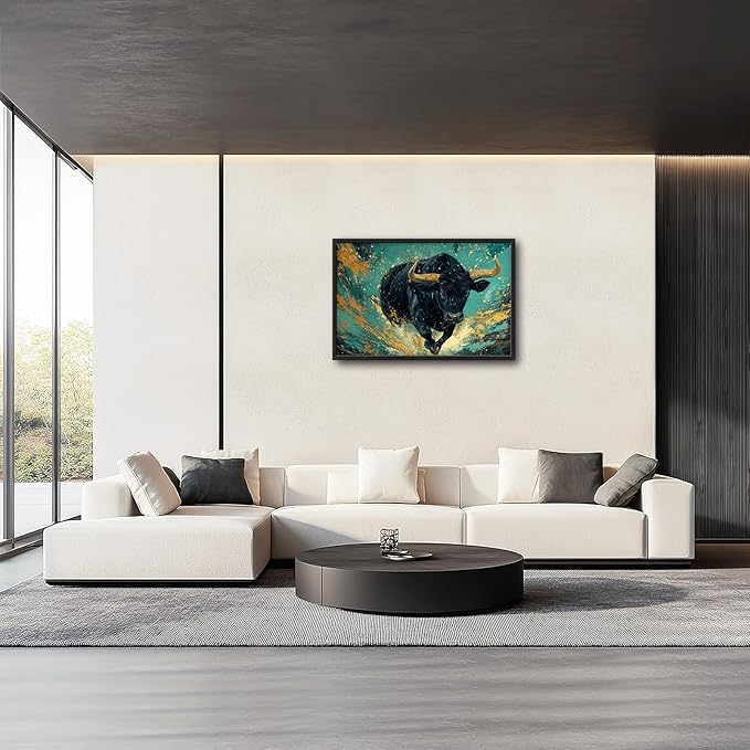 Large Highland Cow Wall Art for Living Room, Teal and Golden Bison Buffalo Wall Decor, Framed Oversized Cow Canvas Painting Modern Artwork for Living Room Bedroom Office Dining Room 36"x24"