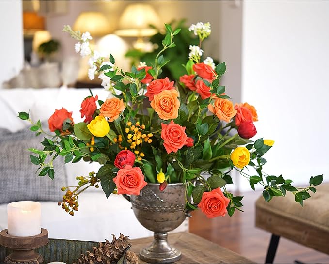 FiveSeasonStuff Coral Orange Artificial Roses Real Touch Silk Flowers with 12 Stems Wedding Bridal Bouquet Home Décor