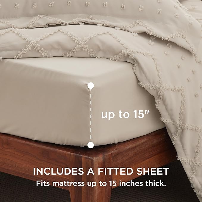 Bedsure Boho Duvet Cover Queen Size with Fitted Sheet - Boho Bedding Comforter Set, 4 Pieces, Includes 1 Duvet Cover 90"x90" with Zipper Closure, 2 Pillow Shams, 1 Fitted Sheet, Beige