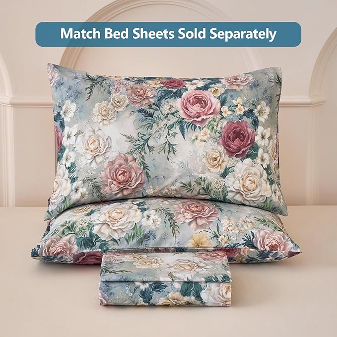 Blue Floral Duvet Cover Set 100% Percale Cotton King Size Shabby Vintage Chic Penoy Patterned Comforter Covers with Zipper，Soft & Breathable French Country Bedding 3Pcs-Not Comforter
