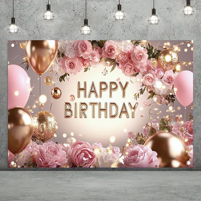 Pink Rose Happy Birthday Backdrop Banner Gold Glitter Crown Photography Background Women Girls Birthday Party Decoration Balloon Gift Floral Banner Photo Booth Props 71x43 Inch