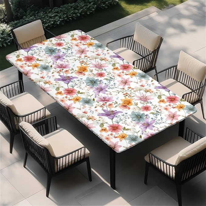 Rectangle Table Cloth Cover Waterproof Elastic Fitted Polyester Fitted Tablecloths for 6 Foot Tables for Indoor,Picnic, Camping, Outdoor （72" x 30"，Flower）