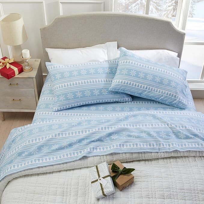 Market & Place 100% Cotton King Flannel Sheet Set | 4 Piece Deep Pocket Novelty Cozy Winter Bed Sheets | Double Brushed for Extra Softness & Comfort | Alpine Collection (King, Striped Snowflake)