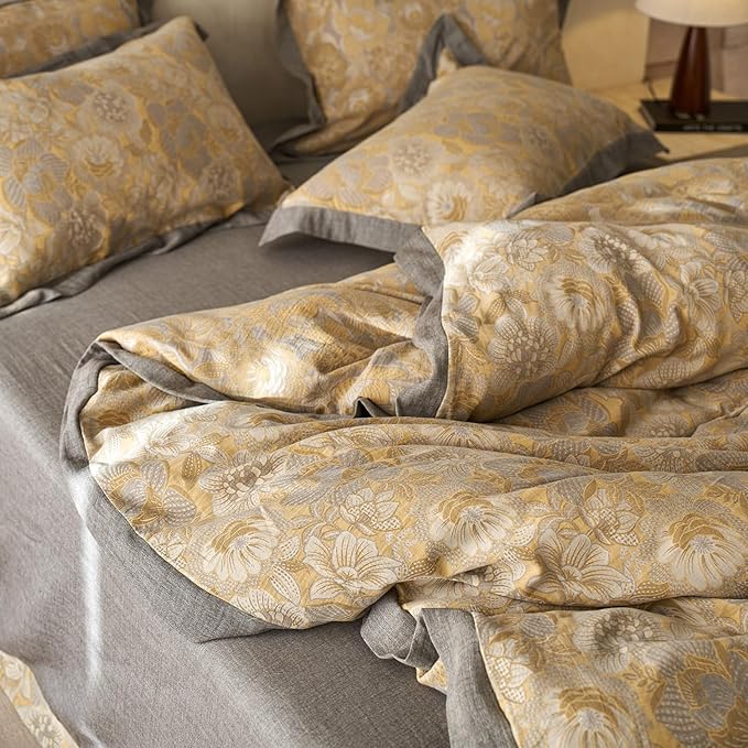 EAVD Vintage Style Yellow Floral Duvet Cover Queen Soft 100% Muslin Cotton Yarn-Dyed Jacquard Textured Bedding Set with 2 Pillowcases Linen Like Gauze Botanical Duvet Cover with Zipper Closure
