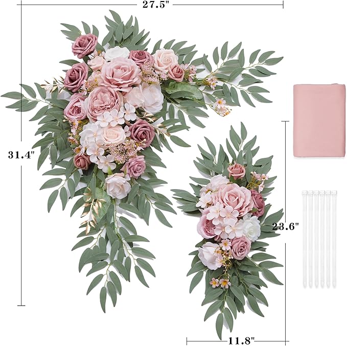 Wedding Arch Flowers with Drapes Kit (Pack of 3) - 2pcs Artificial Dusty Pink Deluxe Swag with 1pcs Sheer Drapes for Wedding Ceremony Backdrop Rose Floral Decoration Arbor Reception