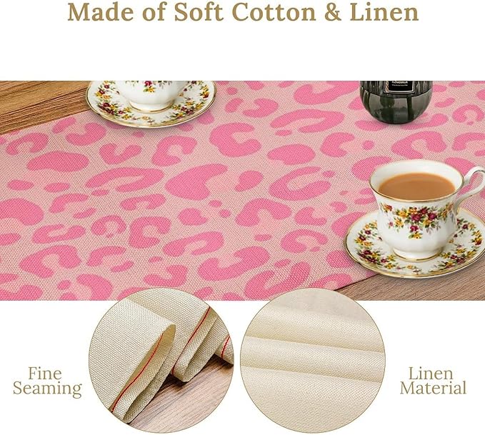 Pink Leopard Print Table Runner, Vintage Animal Skin Farmhouse Cottage Country Western Wildlife Safari Dinner Runner for Kitchen Dining Table Party Holiday Decor 13x70in