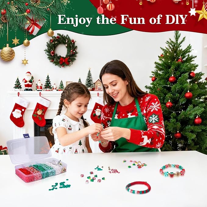 Clay Beads Christmas Bracelet Making Kit – 5000PCS Premium Red Green White Heishi Beads Set with 30 Xmas Charms, Gold Spacers and Elastic Cord for DIY Holiday Jewelry Crafts & Festive Gifts