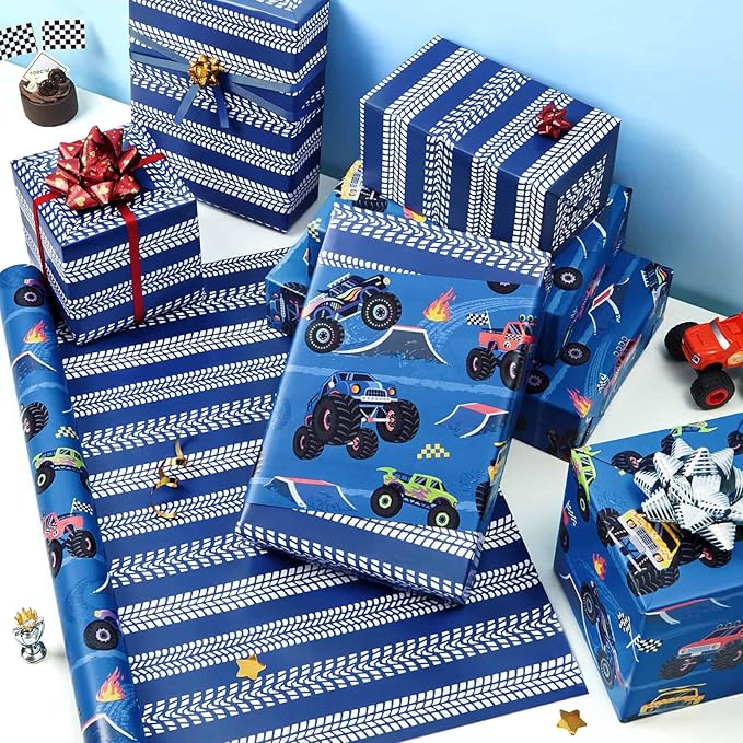 WERNNSAI Monster Truck Wrapping Paper - 1 Roll 17”x 16.4 ft Reversible Monster Jam Truck Wrapping Paper for Kids Boys Birthday Blue Truck Gift Packing for Racing Theme Birthday Carnival Celebration Party Supplies