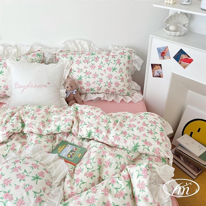 VM VOUGEMARKET Pink Floral Comforter Set Queen Romantic Ruffle Comforter with 2 Pillow Shams Vintage Cozy Princess Bed Comforter Set for Girls Women(3pcs,Queen)
