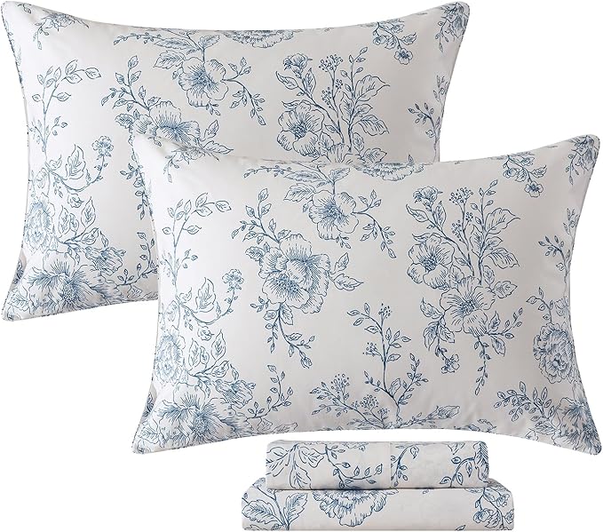 FADFAY 100% Cotton Blue Floral Bed Sheet Set, French Country Cottagecore Bedding 4Pcs, Luxury Soft Breathable Cooling Sheets with Deep Pocket Fitted Sheet, Flat Sheet & Pillowcases, California King